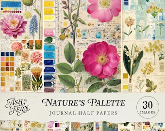 Nature's Palette Botanische Junk Journal Seiten, Vintage Swatchbook & Floral bedruckbare Collage Papiere, Mixed Media Art Journal Hintergründe JPG