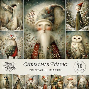 May include: A collection of whimsical Christmas-themed printable images. The artwork features Santa Claus, an angel, a deer, an owl, and other festive characters. The images have a vintage, storybook style with soft colors and delicate details. The text "Christmas Magic" is displayed.