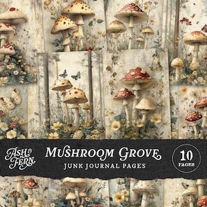 Mushroom Junk Journal Pages, Cottagecore Woodland Grove Printables, Vintage Mushroom Art-achtergronden, Rustic Botanical Forest Ephemera Kit