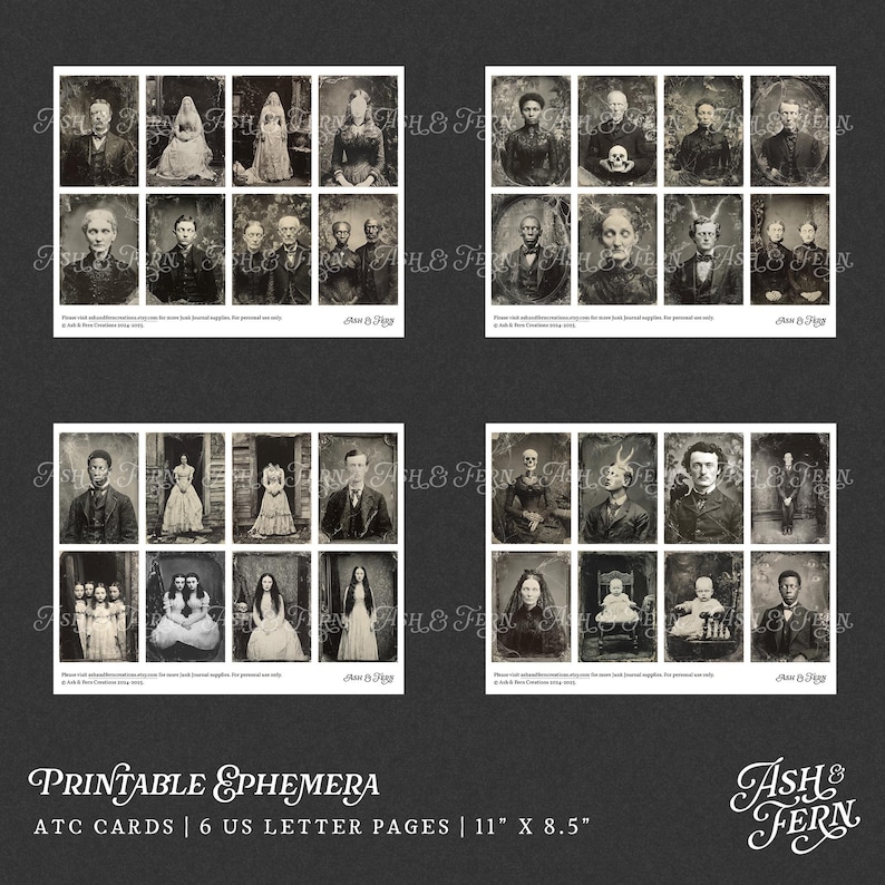 Pu&ograve; includere: Una collezione di effimeri stampabili con ritratti in bianco e nero in stile vintage di individui e gruppi su quattro pagine da 27,9 cm per 21,6 cm. Le carte mostrano varie figure in abiti storici, alcune delle quali con elementi soprannaturali.