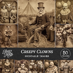 Peut inclure: Une collection de 50 images imprimables présentant des portraits sépia de clowns dans divers costumes vintage, incluant des hauts-de-forme, des cols à volants et des vêtements rayés, certains tenant des ballons, à vélo ou près de tentes.