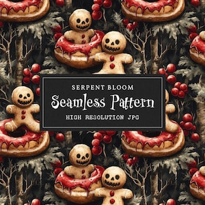 Creepy Gingerbread Man & Donuts Festive Seamless Pattern for Printing | Spooky Halloween Winter Digital Paper Fabric Design Repeat File JPG