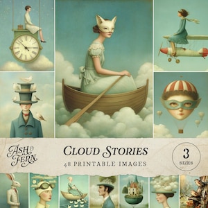 Puede incluir: Una colección de 48 imágenes imprimibles titulada "Cloud Stories". Las imágenes presentan escenas surrealistas con figuras en las nubes, incluyendo una mujer en un bote, una persona en un reloj y una persona en un globo aerostático. Las imágenes están disponibles en 3 tamaños.