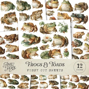 May include: A collection of 12 fussy cut sheets featuring various watercolor illustrations of frogs and toads in shades of green and brown, including lily pads and water lilies, with the text Ash & Fern Frogs & Toads 12 Pages.