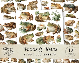 May include: A collection of 12 fussy cut sheets featuring various watercolor illustrations of frogs and toads in shades of green and brown, including lily pads and water lilies, with the text Ash & Fern Frogs & Toads 12 Pages.