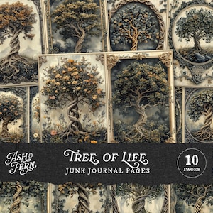 Tree of Life ongewenste dagboekpagina's, Celtic Junk Journal achtergronden, Wicca Grimoire-pagina's, afdrukbare mystieke natuur, heidense heilige boomkunst