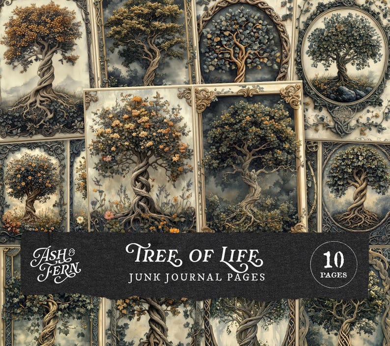 Pode incluir: Uma cole&ccedil;&atilde;o de dez p&aacute;ginas de di&aacute;rio de lixo com ilustra&ccedil;&otilde;es detalhadas da &Aacute;rvore da Vida. Cada p&aacute;gina apresenta um design de &aacute;rvore &uacute;nico com detalhes intrincados, emoldurado em bordas ornamentadas. A paleta de cores inclui tons terrosos e tons suaves.