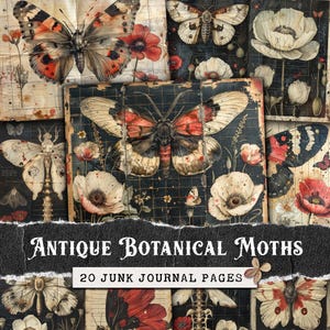 Antike Botanische Motten Junk Journal Seiten, Dark Academia Scrapbook Papier Kit, Vintage Schmetterling Digital Papier Pack, Mystische Motte Ephemera