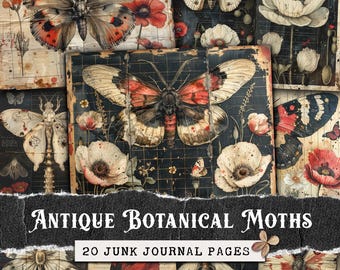 Antique Botanical Moths Junk Journal Pages, Dark Academia Scrapbook Paper Kit, Vintage Butterfly Digital Paper Pack, Mystic Moth Ephemera