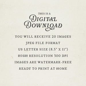 May include: Cream-colored digital download announcement with black text. The text reads "THIS IS A DIGITAL DOWNLOAD" and lists image details: 20 images, JPEG format, US Letter size (8.5" x 11"), high resolution, watermark-free, ready to print.