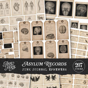 Puede incluir: Una colección de efímeros de papel de estilo vintage con ilustraciones médicas, diagramas anatómicos y etiquetas de expedientes de pacientes con texto como Asylum Records, Patient File y Post Mortem Record, impresos en papel envejecido de color beige.