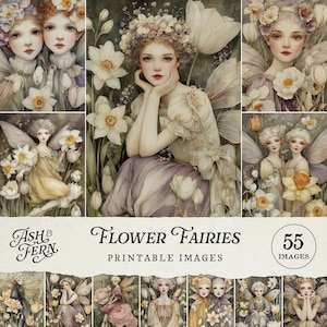 Imágenes de hadas de las flores para imprimir, ilustraciones de hadas de fantasía de jardín botánico para diarios basura, scrapbooking, manualidades, arte mural (JPG)