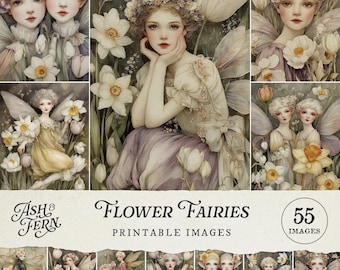Flower Fairies Printable Art Images, Botanical Garden Fantasy Pixie Fairy Illustrations for Junk Journal Scrapbooking Crafts Wall Art JPG