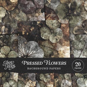 Könnte beinhalten: Eine Sammlung von 20 Hintergrundpapieren mit gepressten Blumen. Die Papiere zeigen eine Collage aus getrockneten Blumen in Braun-, Grün- und Grautönen mit Goldblattakzenten. Der Text "Ash & Fern" und "Pressed Flowers Background Papers" ist zu sehen.