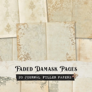 May include: A set of 20 printable journal filler pages featuring a faded damask pattern in beige and white. The pages are designed to add a vintage and elegant touch to your journals.