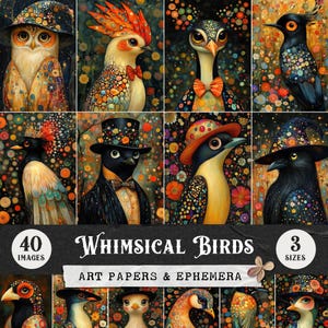 Papiers numériques oiseaux fantaisistes, illustrations artistiques d'oiseaux mignons dans des chapeaux, documents éphémères imprimables oiseaux originaux, kit de journal indésirable, feuilles de collage ATC