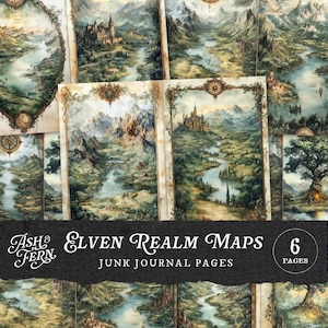 Elven Fantasy-kaart ongewenste dagboekpagina's, middeleeuwse magische elfenrijklandschappen, afdrukbare Junk Journal Kit, digitale kunst fantasiekastelen en bos