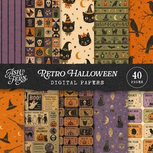 May include: A collection of 40 digital papers featuring retro Halloween designs, including patterns of black cats, pumpkins, skulls, witch hats, bats, and vintage-style ticket stubs with text like 'Halloween Safety Tips' and 'Happy Halloween'.