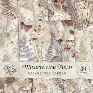 May include: A collection of 30 background papers titled Ash & Fern Wildflower Field, featuring a vintage-style collage of pressed botanical elements including ferns, wildflowers, and butterflies in muted brown, beige, and cream tones.