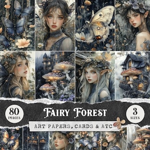 Pages de journal indésirable de la forêt des fées, Illustrations d'art fantastique de papillons, Kit de papier numérique, Feuilles de collage pour album, Fournitures créatives, Cartes ATC