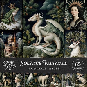 Fairytale Printable Art: Winter Solstice, Forest Animals, Ice Queen, Magic Castle, Wolf Dragon Toad & Swan Junk Journal Ephemera Kit JPG