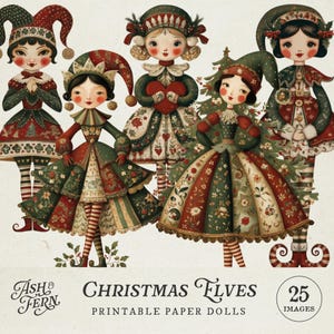 Puede incluir: Un conjunto de muñecas de papel de Elfos Navideños con trajes festivos rojos, verdes y dorados. Las muñecas tienen rasgos faciales detallados y están adornadas con sombreros y ropa decorativa. La imagen incluye el texto "Christmas Elves Printable Paper Dolls".