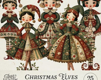 Kerst elf papieren poppen Afdrukbare vintage kortstondige uitsparingen moeilijke sneden voor junk journal scrapbooking collage papier ambachten JPG