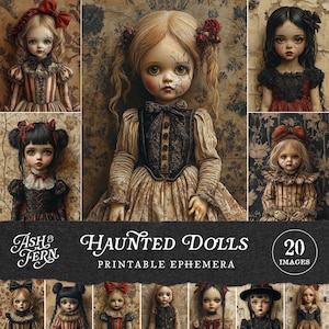 Gruselige Vintage Halloween-Puppenkunst, dunkle gotische Ephemera, antike Spuk-Illustrationsdrucke, gruselige digitales Papier ATC-Karten