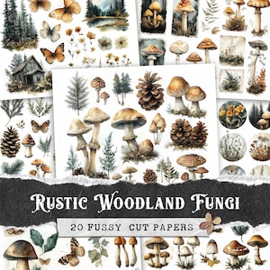Feuilles simples rustiques de champignons des bois, kit de journal indésirable, papiers numériques avec champignons, pommes de pin, papillons, arbres à feuilles persistantes et éléments de la forêt