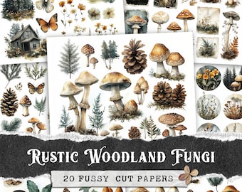 Rustic Woodland Fungi Fussy Cut Sheets, Junk Journal Kit, Digital Papers with Mushrooms, Pinecones, Butterflies, Evergreen & Forest Elements