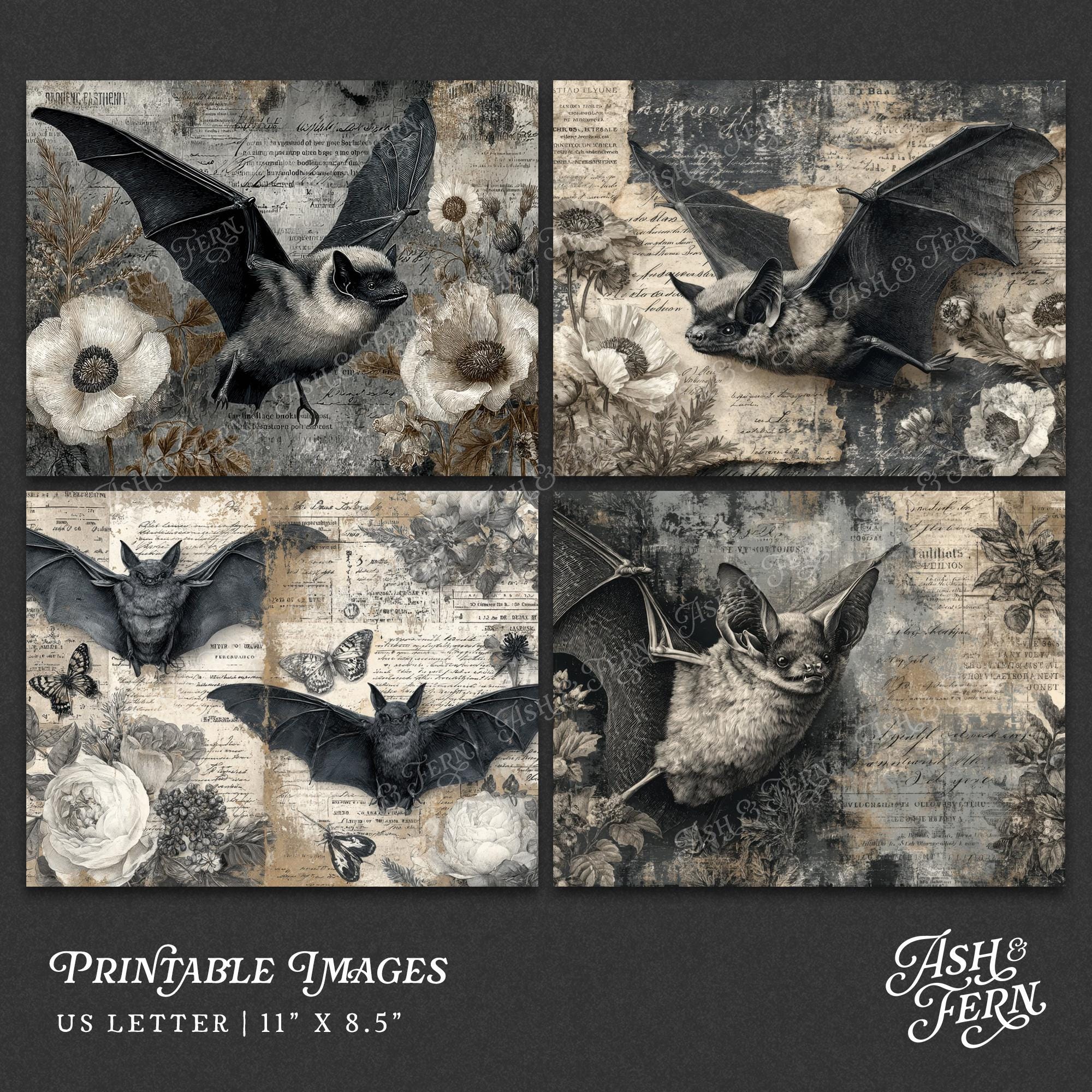 Gothic Vampire Bats Printable Junk Journal Pages, Dark Academia Grunge ...