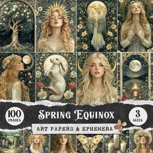 Frühlings-Tagundnachtgleiche Junk Journal Seiten, Ostara Art Collage Sheets, Pagan Ephemera, Vintage Natur Scrapbook Papier, Rad des Jahres Printables