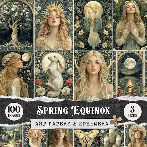 Spring Equinox Printable Art Images: Witchy Pagan Art Nouveau Ostara Goddess Artwork Pages, Journaling Cards & ATC Cards (Digital Download)