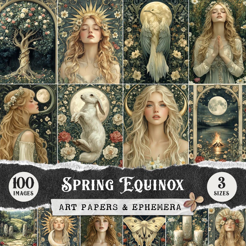 May include: A digital collage of 100 images featuring a spring equinox theme. The images are in three sizes and feature illustrations of women, flowers, and nature scenes. The text "Spring Equinox Art Papers & Ephemera" is displayed at the bottom of the collage.