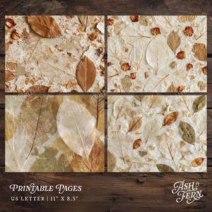 May include: Four rectangular printable pages featuring a collage of pressed dried leaves and flower petals in shades of beige, tan, and brown on a textured off-white background. The text Ash & Fern is visible on each page, with US Letter 11" x 8.5" text.