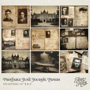May include: A collection of printable junk journal papers featuring sepia-toned vintage imagery, including gothic architecture, medical records, portraits, and anatomical sketches. The pages measure 11 inches by 8.5 inches and display aged paper textures with handwritten notes and historical photographs.