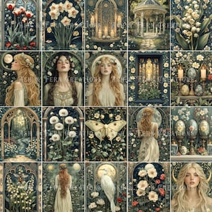 May include: A collage of 16 images featuring a whimsical, fairytale-like aesthetic. The images depict a variety of scenes, including a woman with long blonde hair, a butterfly, a white bird, and various flowers and plants. The images are set against a dark green background and feature intricate details.