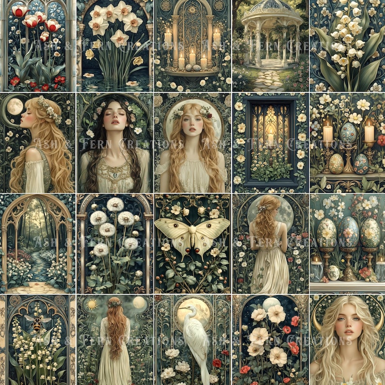 May include: A collage of 16 images featuring a whimsical, fairytale-like aesthetic. The images depict a variety of scenes, including a woman with long blonde hair, a butterfly, a white bird, and various flowers and plants. The images are set against a dark green background and feature intricate details.