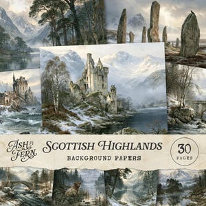 May include: A collection of 30 Ash & Fern Scottish Highlands background papers featuring various landscape illustrations of snowy mountains, stone castles, ancient standing stones, rivers, bridges, and wildlife in a muted, cool-toned color palette.