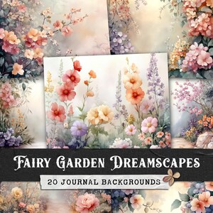 フラワーガーデンジャーナルの背景、花柄のジャンクジャーナルのページ、コテージコアデジタルペーパーキット、印刷可能な植物の野生の花のスクラップブック画像