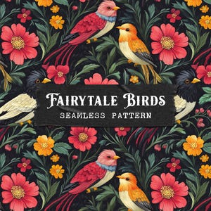 Fantasy Birds Seamless Pattern, Colourful Birds Digital Paper, Pink Floral and Bird Scrapbook Background, Summer Fabric Design, Clipart JPG