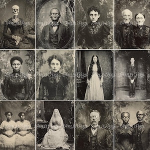 Pu&ograve; includere: Una griglia di dodici fotografie vintage color seppia che ritraggono individui e coppie in abiti formali, alcuni con tratti scheletrici o spettrali. Ogni immagine &egrave; sovrapposta dal testo Ash & Fern in caratteri bianchi.