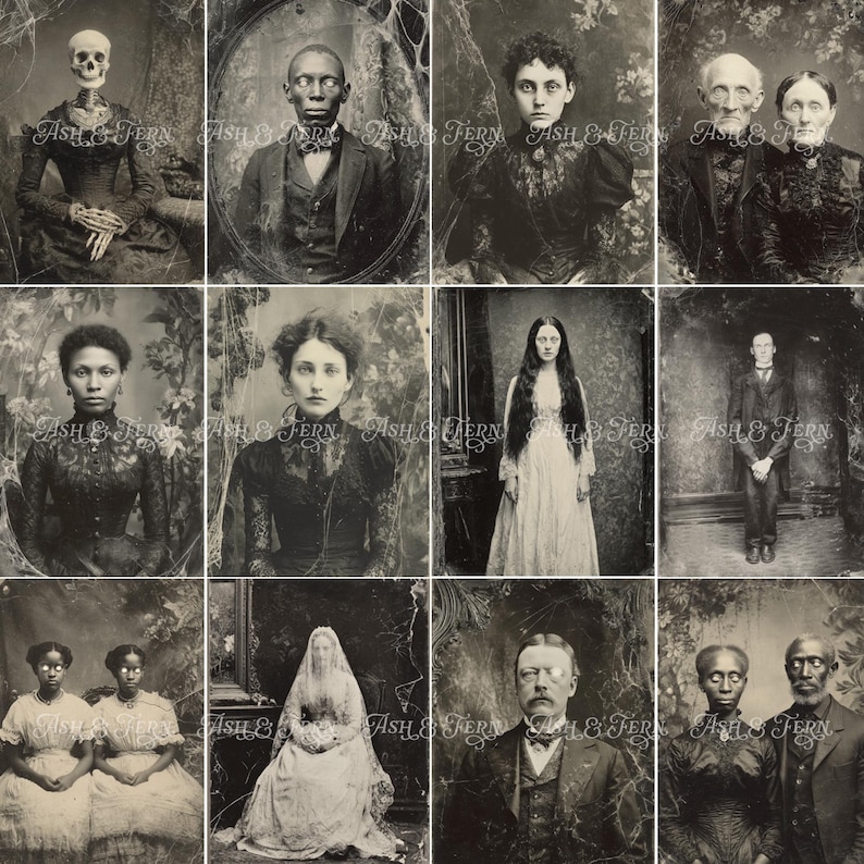 Pu&ograve; includere: Una griglia di dodici fotografie vintage color seppia che ritraggono individui e coppie in abiti formali, alcuni con tratti scheletrici o spettrali. Ogni immagine &egrave; sovrapposta dal testo Ash & Fern in caratteri bianchi.