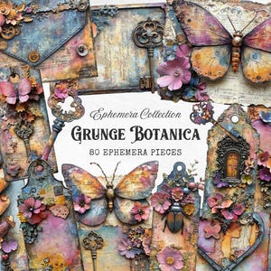 Diarios basura con diseño grunge y desgastado, recortes florales, etiquetas, sobres, tarjetas, marcapáginas y llaves con estilo grunge, hojas de collage con corazones y mariposas vintage.