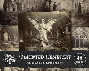 Op de afbeelding: Een verzameling vintage-achtige afbeeldingen met een spookachtig kerkhof thema. Bevat sepia-getinte foto's van engelbeelden, gotische architectuur en kerkhofpoorten. De tekst luidt "Haunted Cemetery Printable Ephemera" met "48 pagina's".