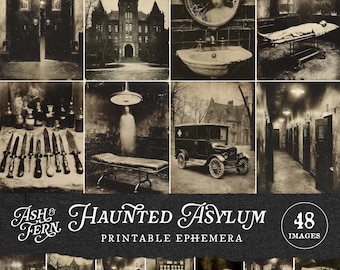 Può includere: Una collezione di 48 immagini vintage in bianco e nero intitolata Haunted Asylum Printable Ephemera. La griglia mostra scene di un antico istituto, tra cui un edificio gotico, uno specchio incrinato, attrezzature mediche, coltelli e un'ambulanza d'epoca.