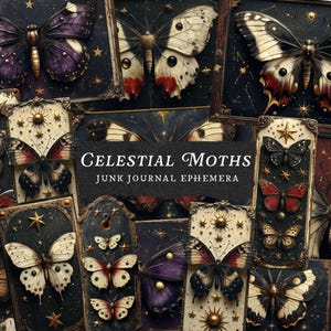 Celestial Moths Junk Journal Kit, donkere mystieke vlinder, ephemera, vintage vlinderkaartjes en kaartjes, printables kosmisch insect, plakboekuitsparingen
