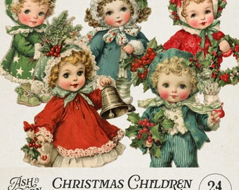 May include: A collection of five vintage-style illustrations of children dressed in festive winter clothing, featuring holly, berries, and bells. The text reads Ash & Fern Christmas Children Clipart & Fussy Cuts 24 Images. The figures wear hats.