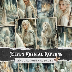 Elven Crystal Caverns Junk Journal Kit, High Fantasy dubbele pagina's, mystieke elfenkrijger ambachtelijk papier, Enchanted Cave RPG plakboek printables
