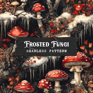 Winter Wald Pilze Musterdesign zum Drucken, Winter Wunderland Weihnachten Digitales Papier Hintergrund Stoff-Design-Wiederholungsdatei JPG